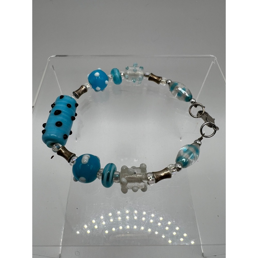 Art Glass Lampwork Beaded Bracelet Boho Y2K Whimsigoth Blue Silver Tone 7 Inch